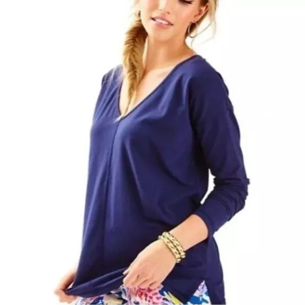 Lilly Pulitzer Luxletic Areli Pullover Long Sleeve Tunic Top XS Oversized Navy